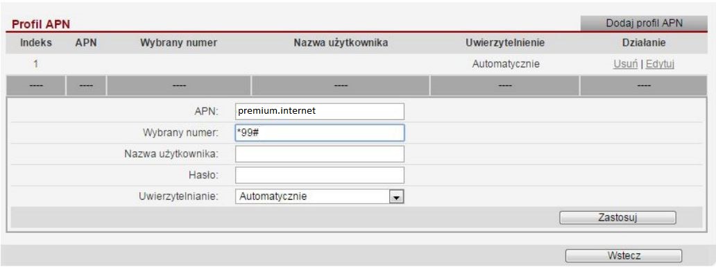 Konfiguracja internetu mobilnego - zrzut ekranu